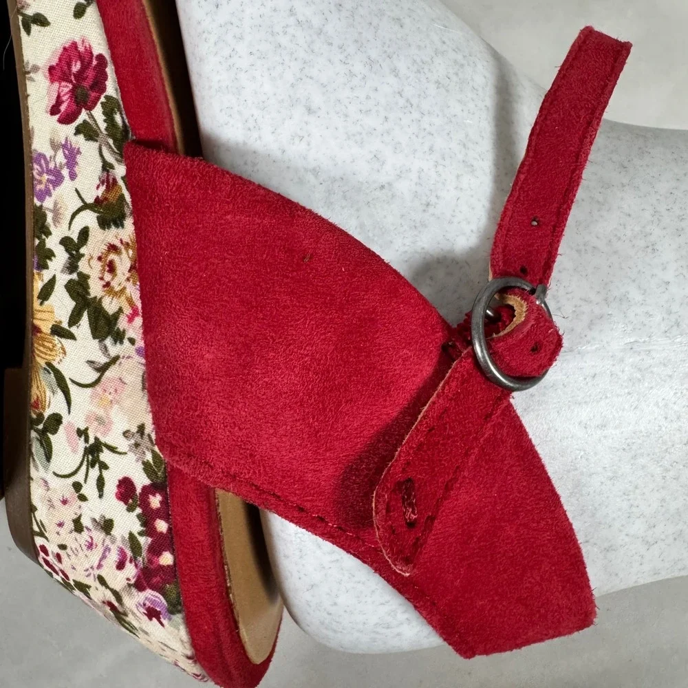 Hotter Hallie Sandals Red‎ Suede Upper Floral Low Wedge Ankle Strap Comfort 11